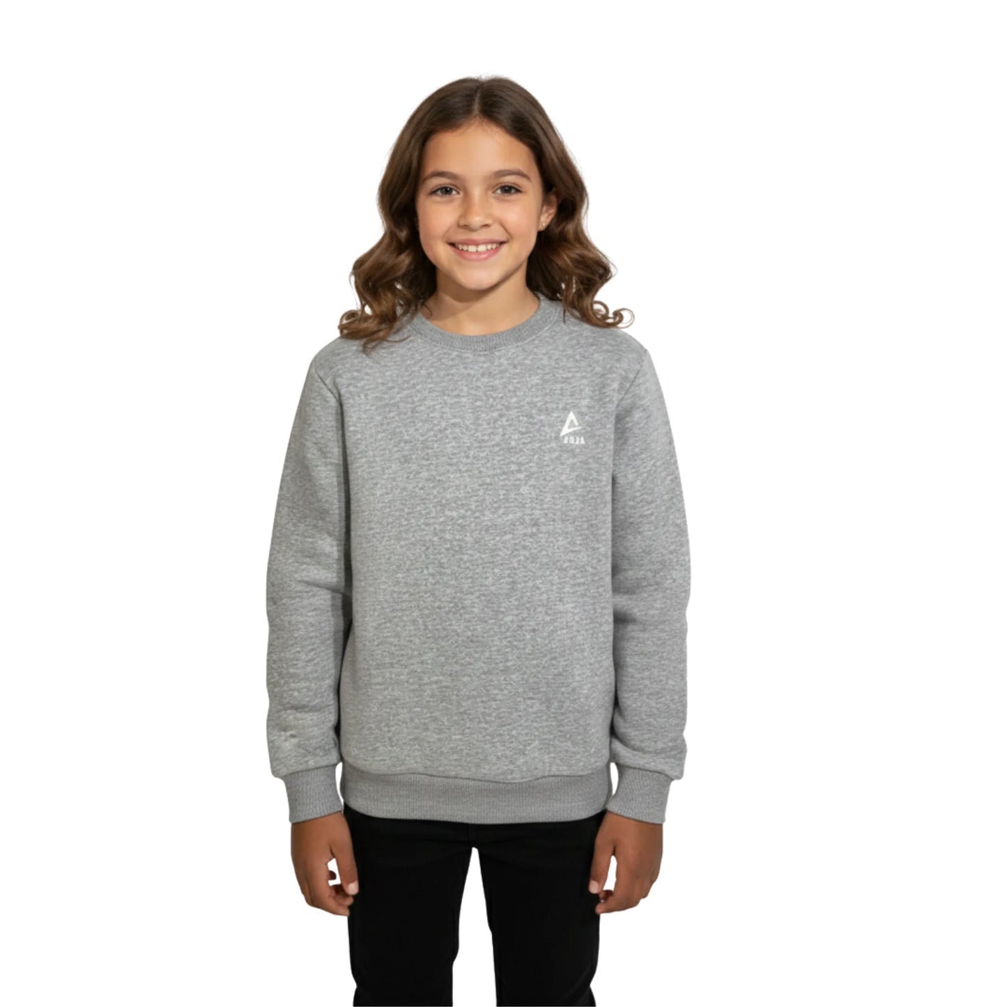 Child wearing a gray sweatshirt with a logo on a white background
