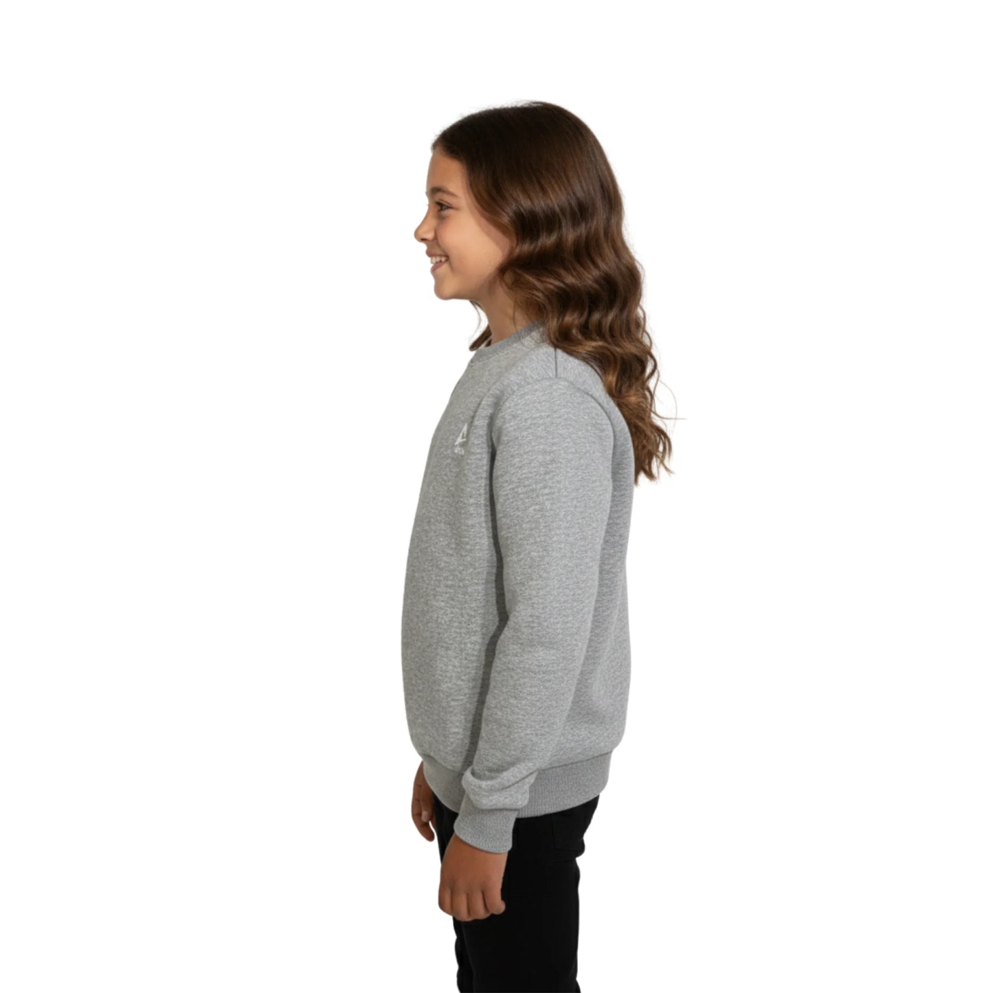 Person wearing a gray sweatshirt on a white background