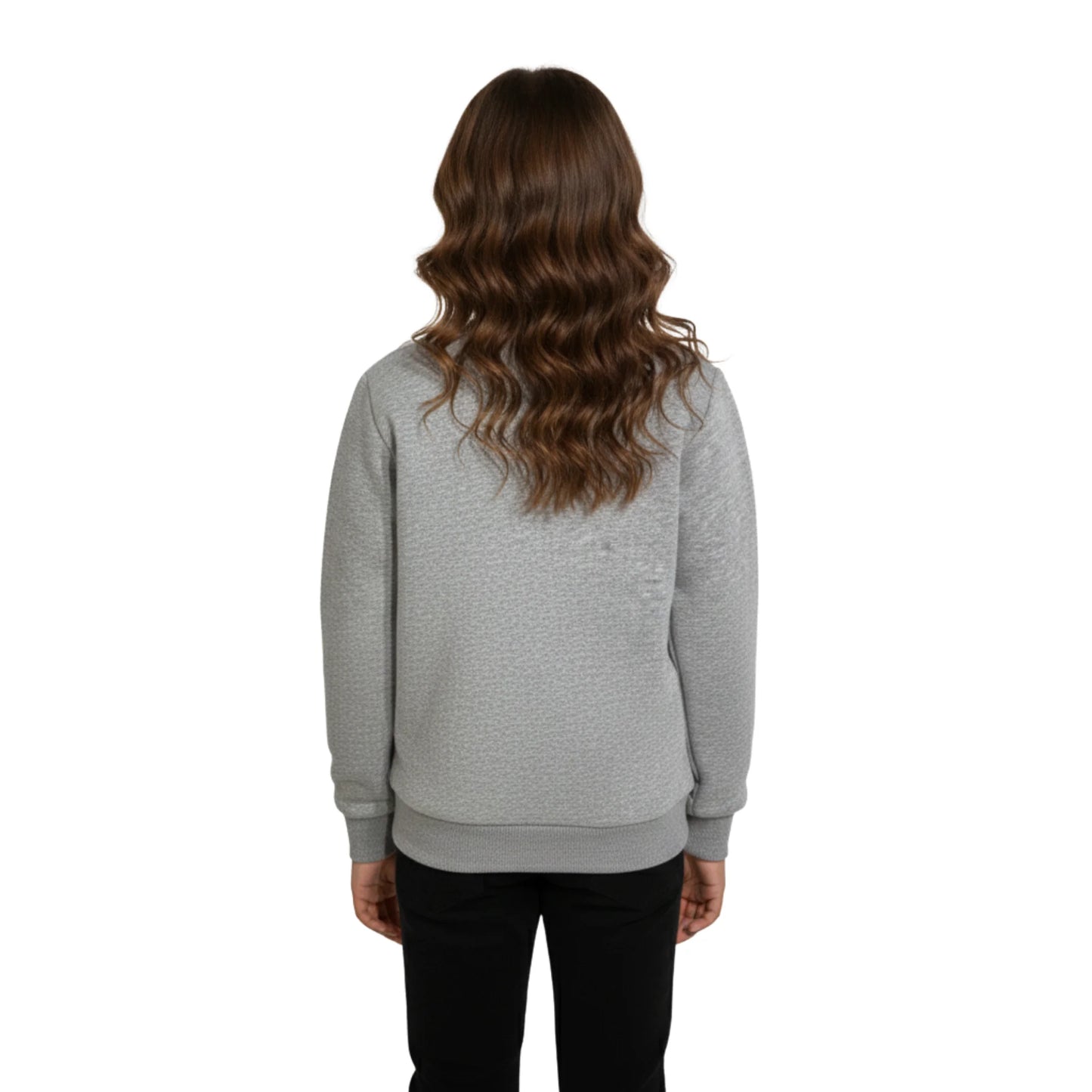 Person wearing a gray sweater on a white background