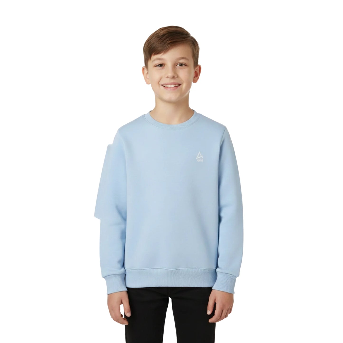 Child wearing a light blue sweatshirt on a white background