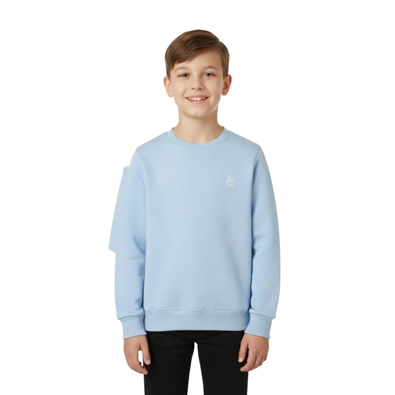 Child wearing a light blue sweatshirt on a white background