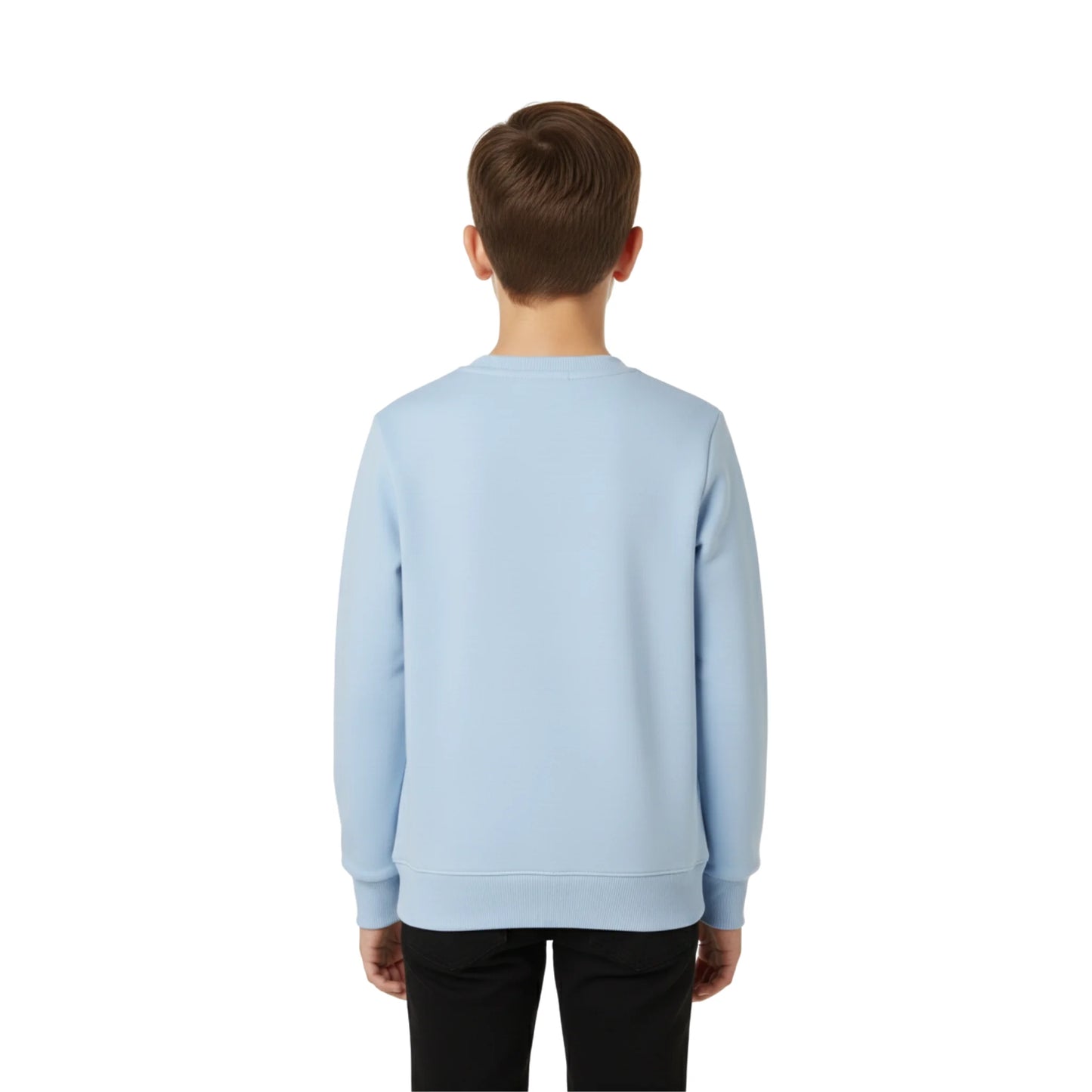 Person wearing a light blue sweatshirt on a white background