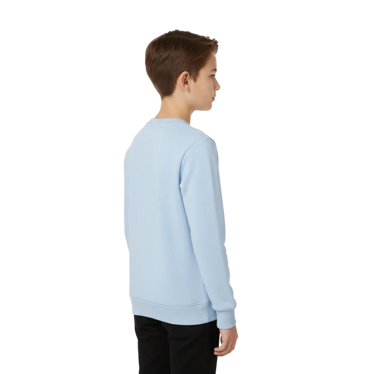 Child wearing a light blue sweatshirt on a white background