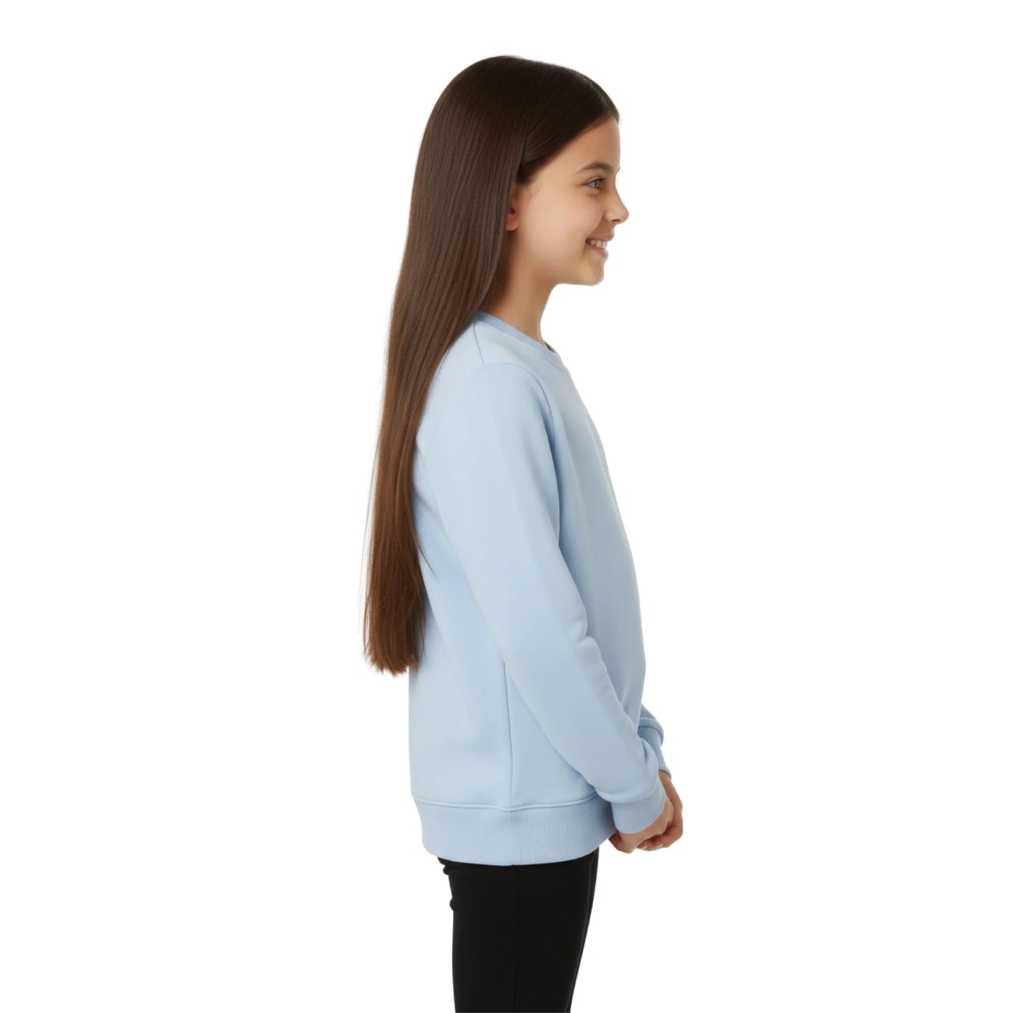 Person wearing a light blue sweatshirt on a white background
