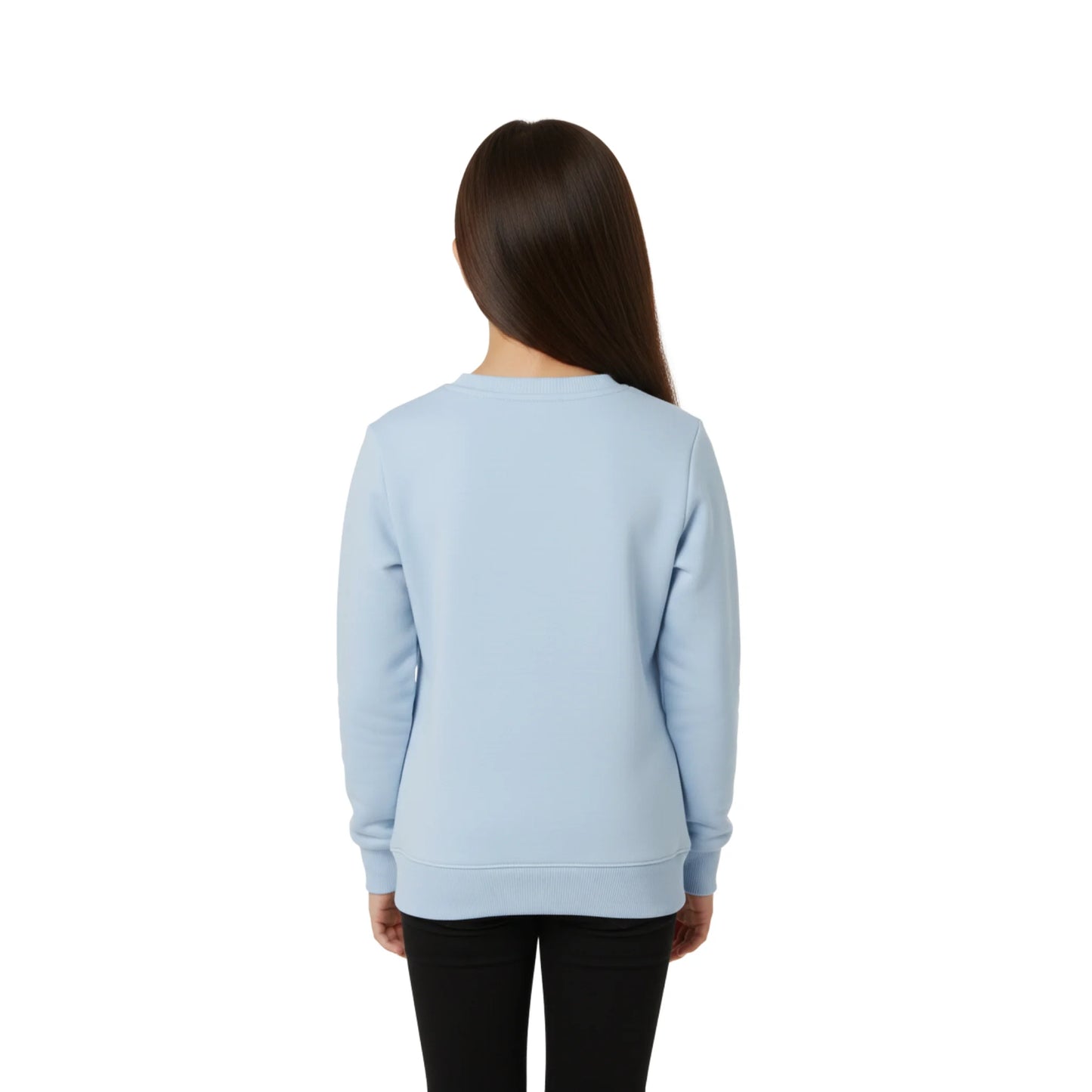 Person wearing a light blue sweatshirt on a white background