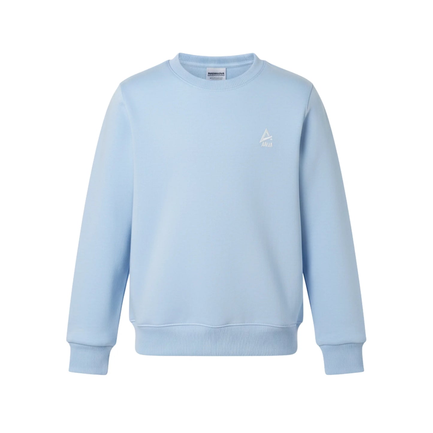 Light blue sweatshirt with a small white logo on a white background