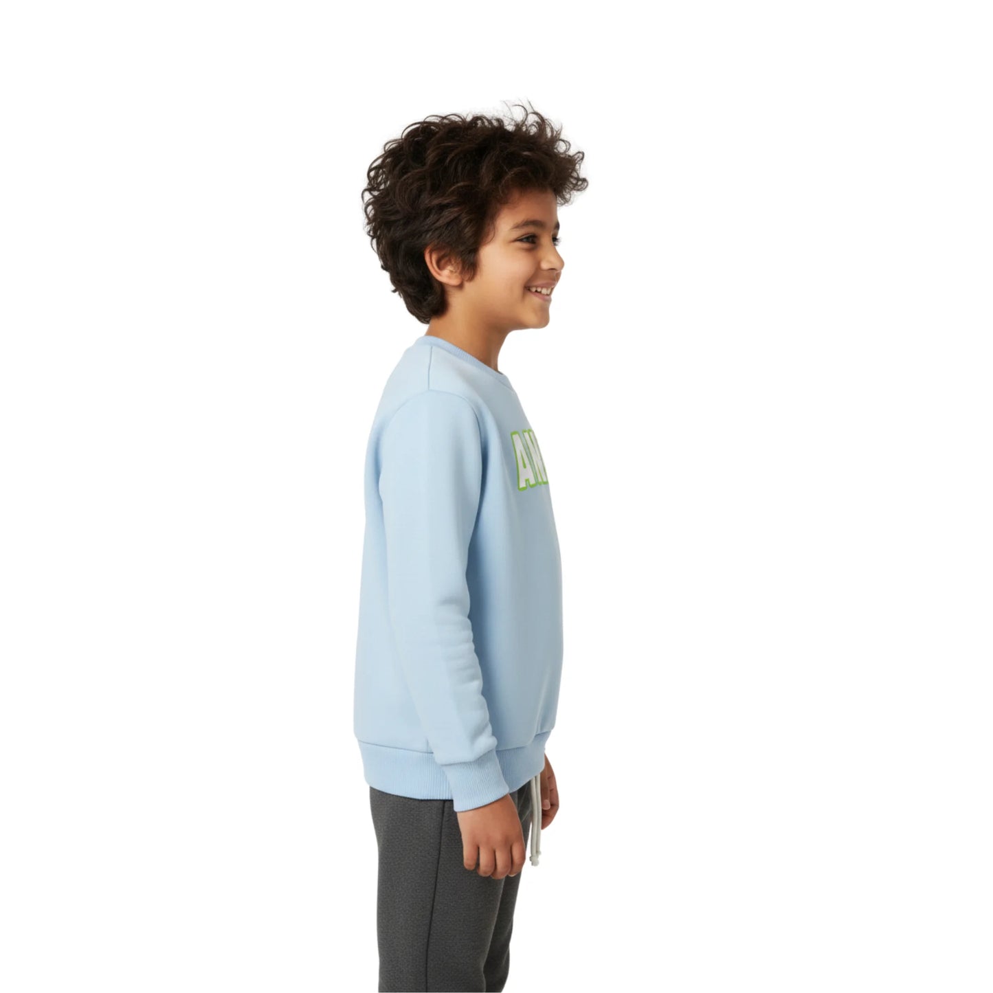 Child wearing a light blue sweatshirt with a logo on a white background