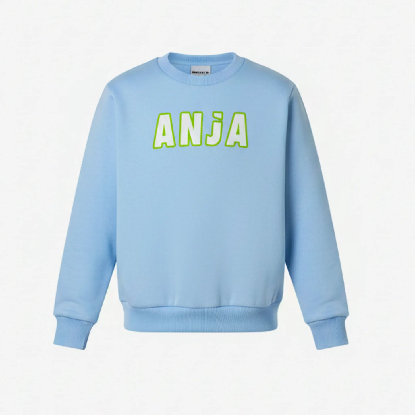 Light blue sweatshirt with 'ANJA' text on a white background