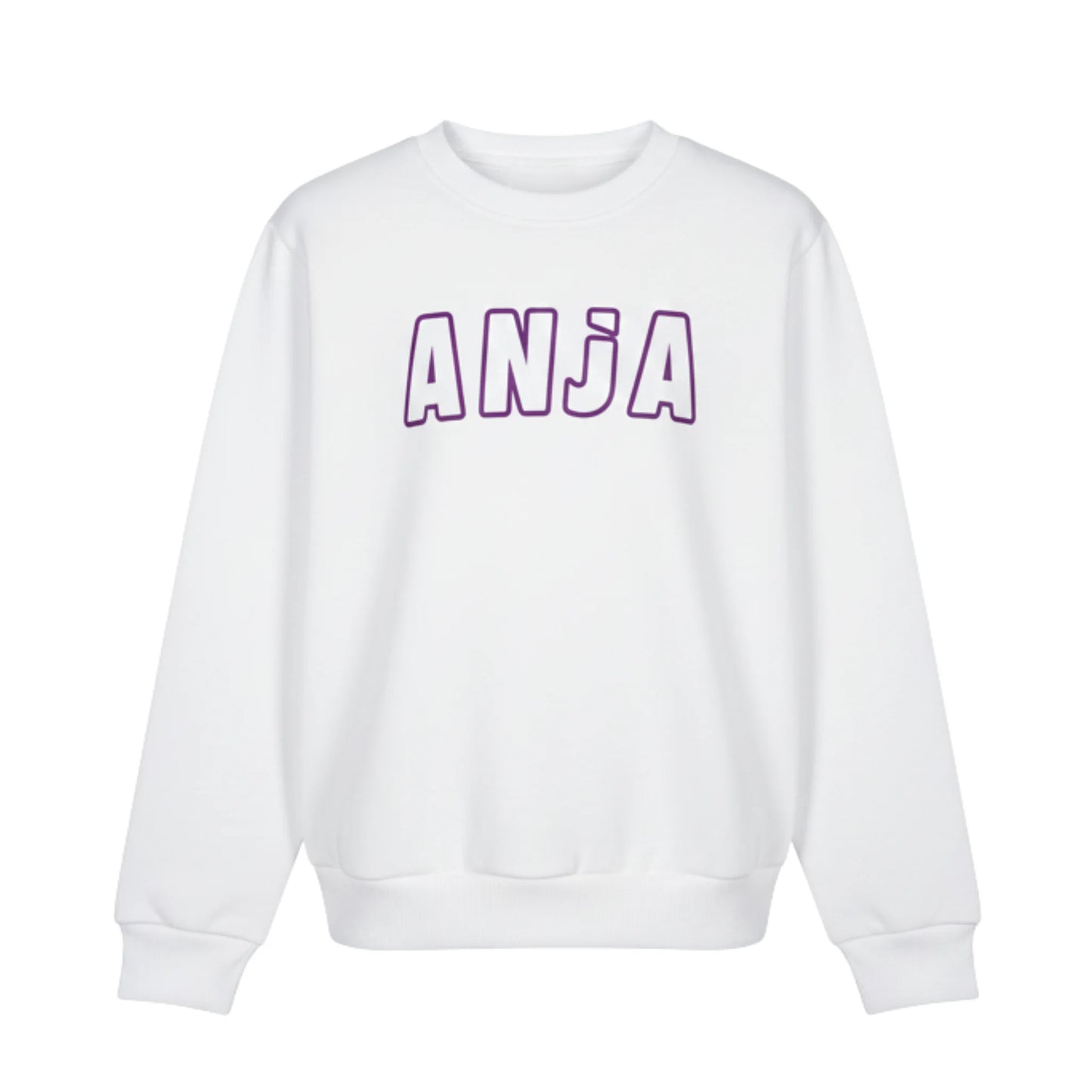 White sweatshirt with 'ANJA' printed in purple on a white background