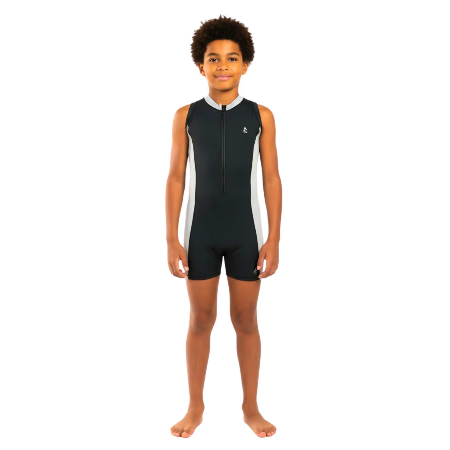 Boys sleeveless One-Piece Swimsuit – Black with light grey Side Panels and Front Zip