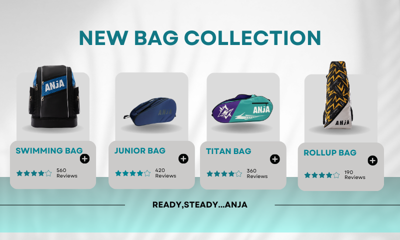 Collection of bags with brand name 'ANJA' on a light gray background
