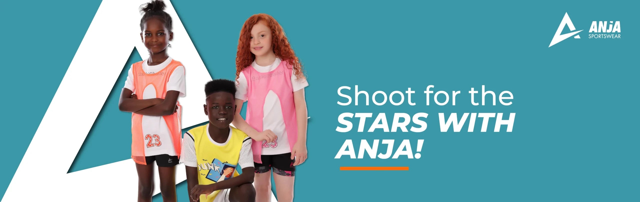 Three children in sports attire with promotional text and ANJA logo on a blue background

