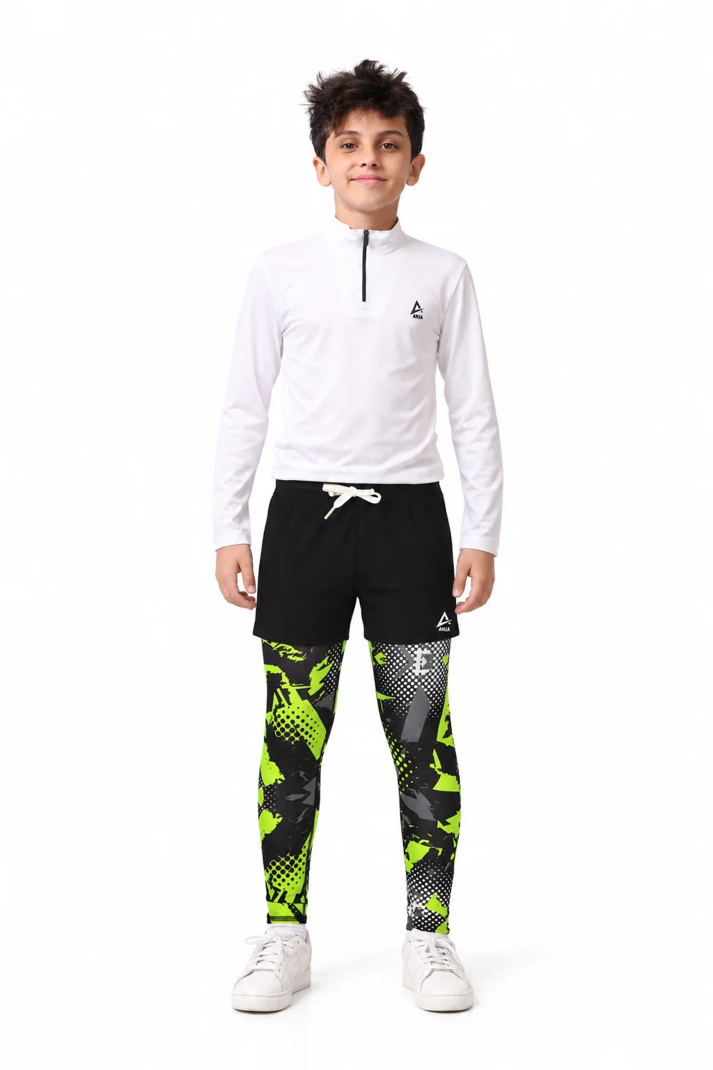 Boys Sporty Black Shorts with Neon Green Pattern Graphic Leggings - Kids Athletic Layered Bottoms