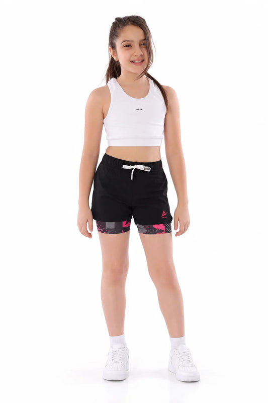 Girls Double-Layer Shorts with Neon Green Pattern - Kids Athletic Bottoms