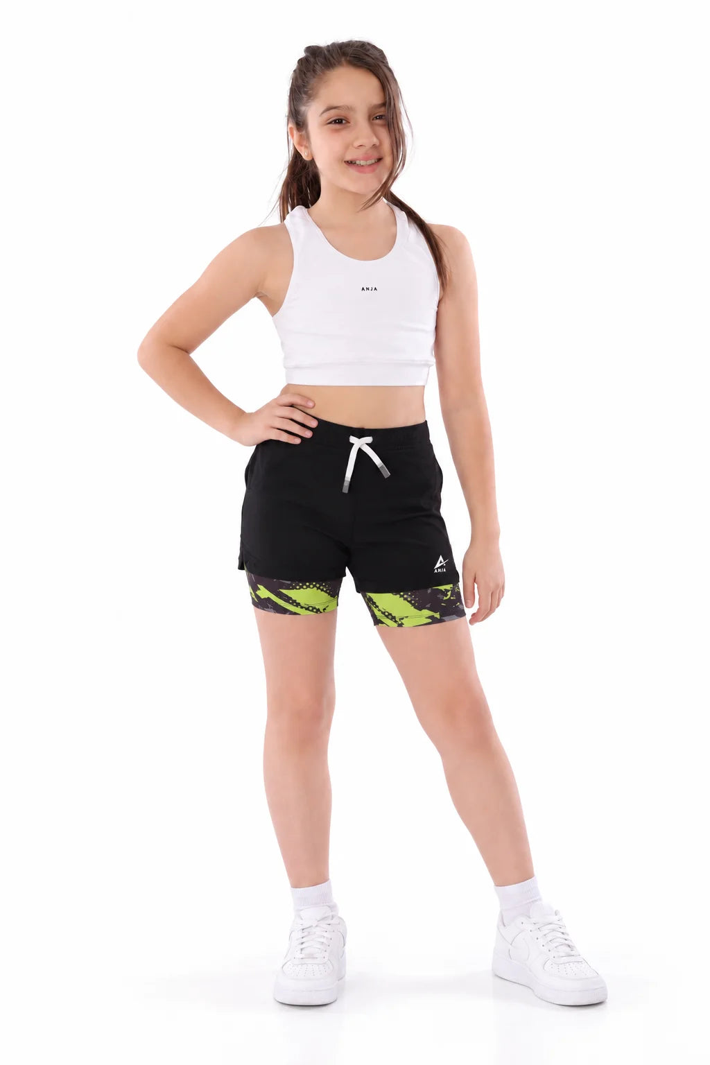 Girls Double-Layer Shorts with Neon Green Pattern - Kids Athletic Bottoms